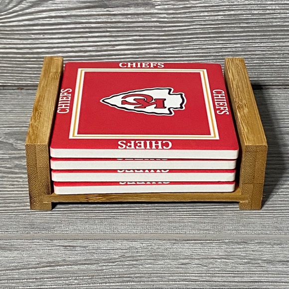 Kansas City Chiefs Coasters With Wood Caddy - Set Of 4 - Resin 4x4 Inch - New - Picture 3 of 11